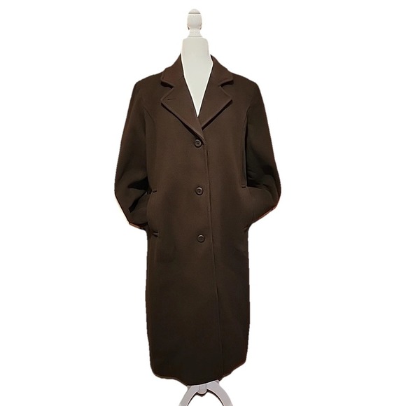 VTG LL Bean Long Coat 80s Classic Minimalist Lambs Wool Button Brown Women Sz 18 - Picture 1 of 13